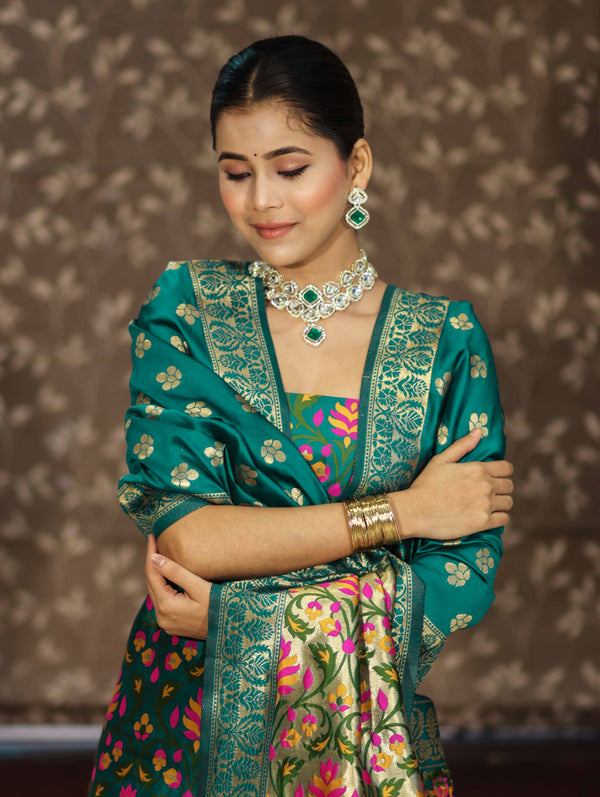 Banarasee Semi-Silk Zari & Resham Work Salwar Kameez Fabric With Dupatta Set-Peacock Blue