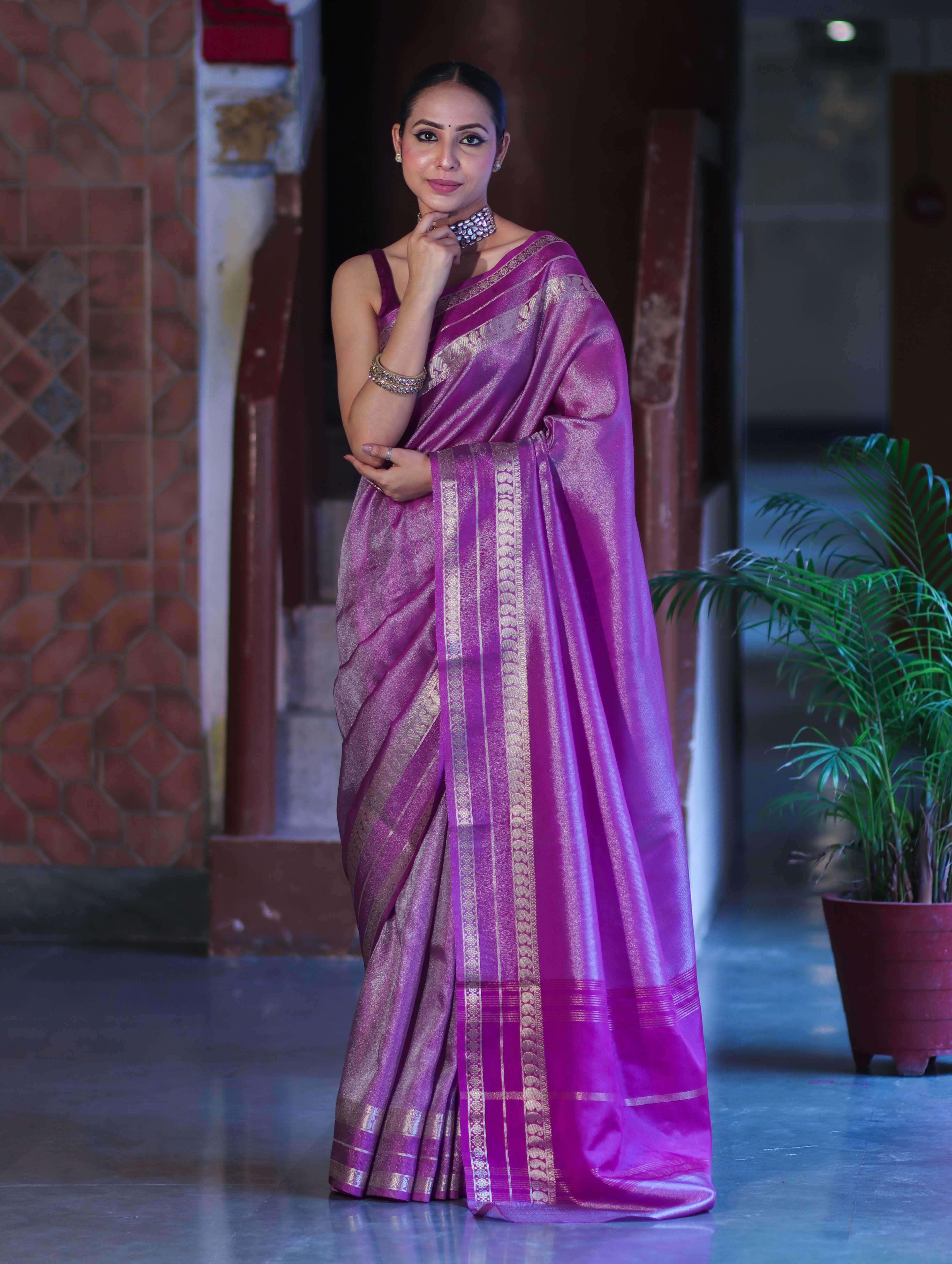 Banarasee Handloom Plain Tissue Saree With Striped Zari Border-Purple