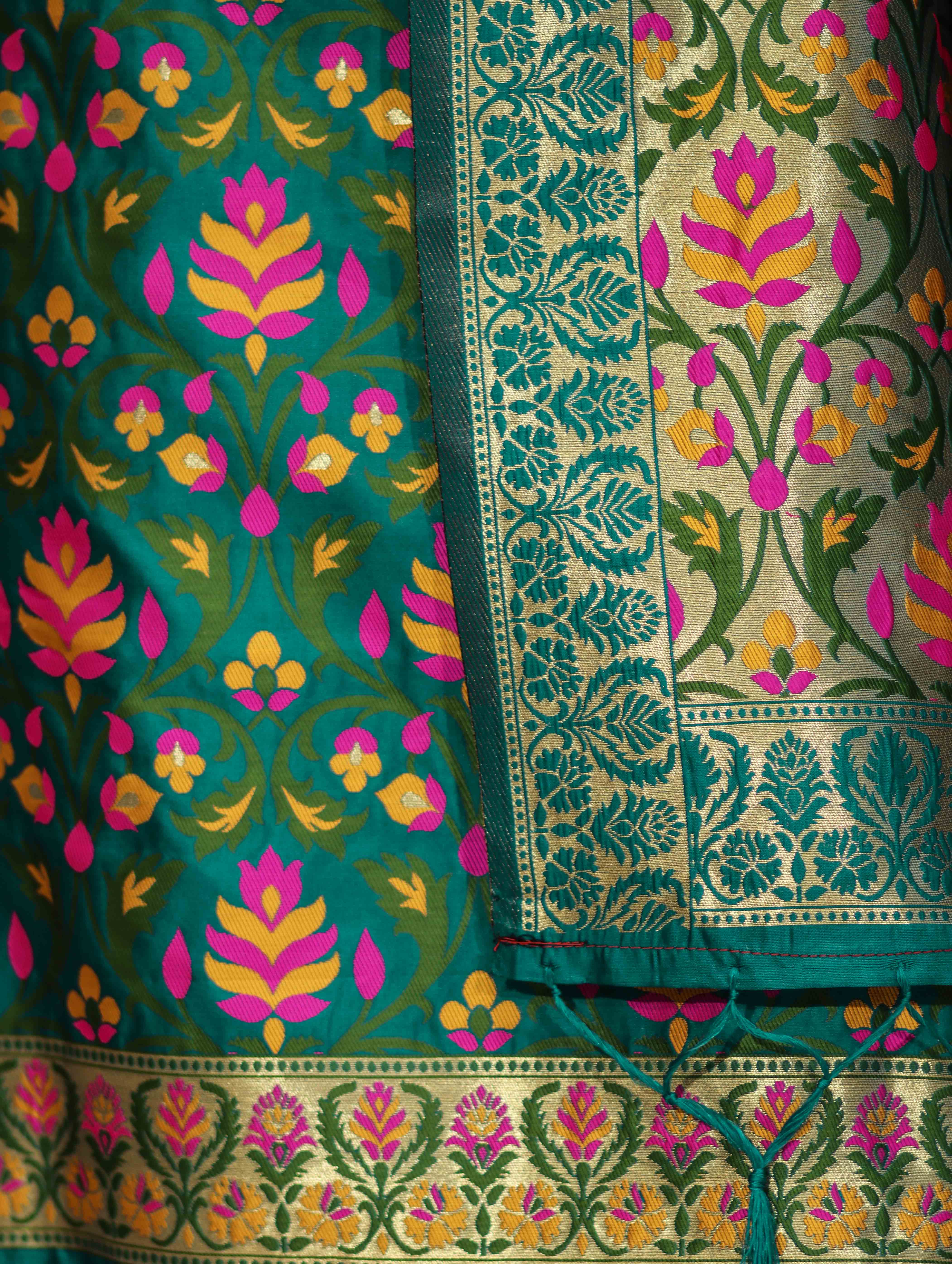 Banarasee Semi-Silk Zari & Resham Work Salwar Kameez Fabric With Dupatta Set-Peacock Blue