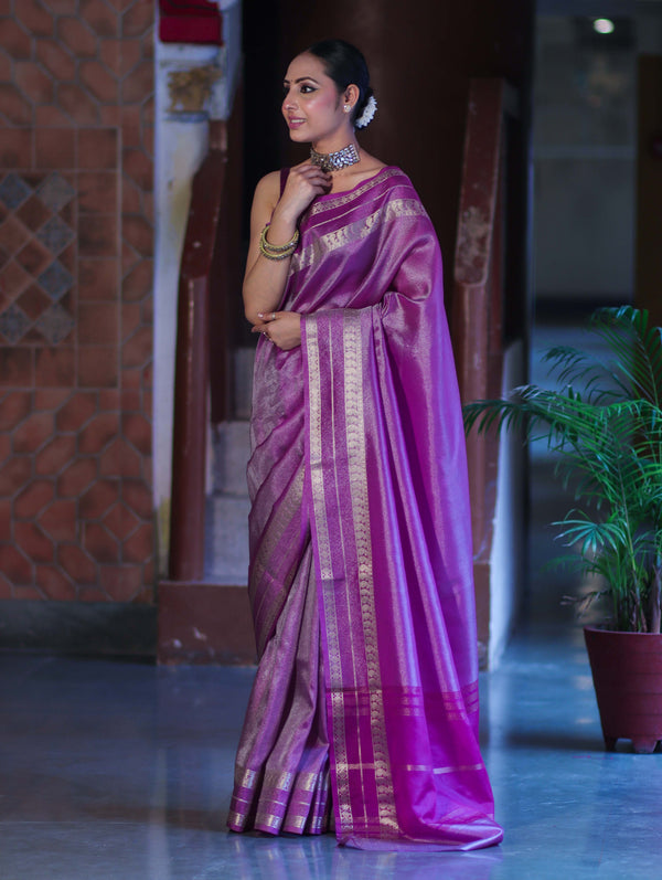 Banarasee Handloom Plain Tissue Saree With Striped Zari Border-Purple
