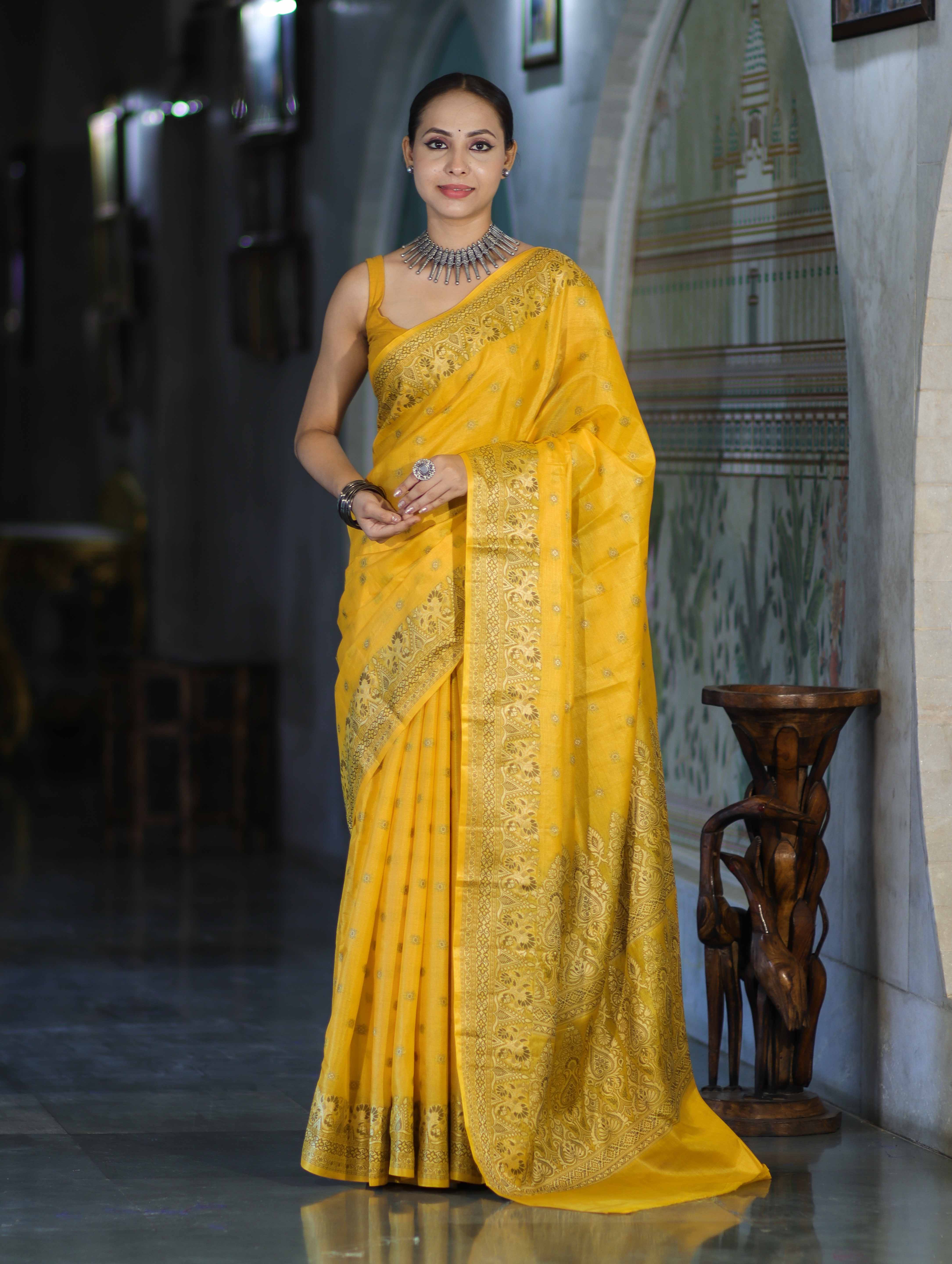 Banarasee Handwoven Pure Tussar Saree With Woven Resham Design-Yellow
