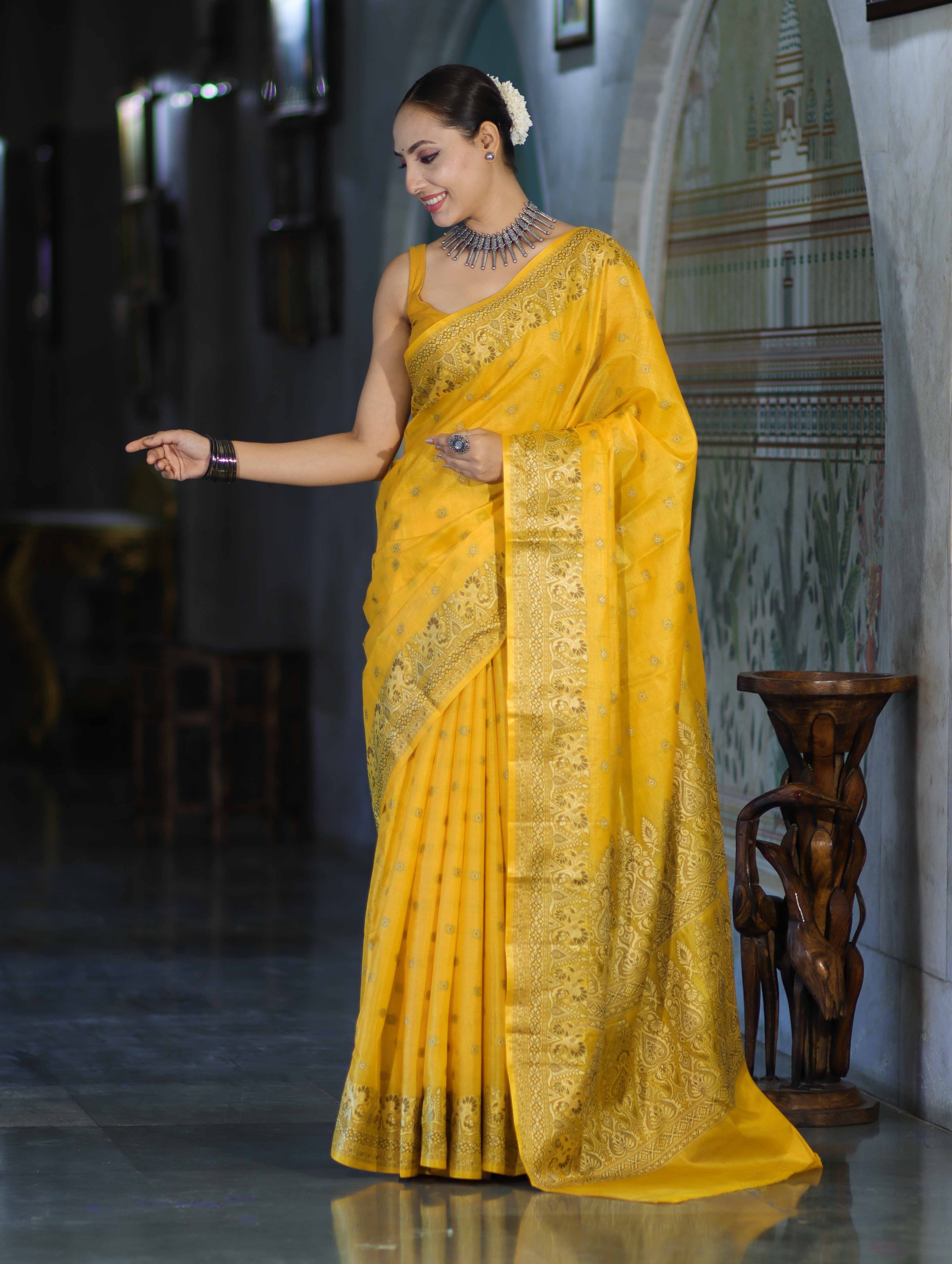 Banarasee Handwoven Pure Tussar Saree With Woven Resham Design-Yellow