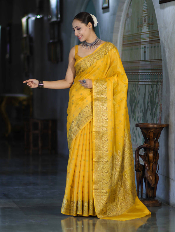 Banarasee Handwoven Pure Tussar Saree With Woven Resham Design-Yellow