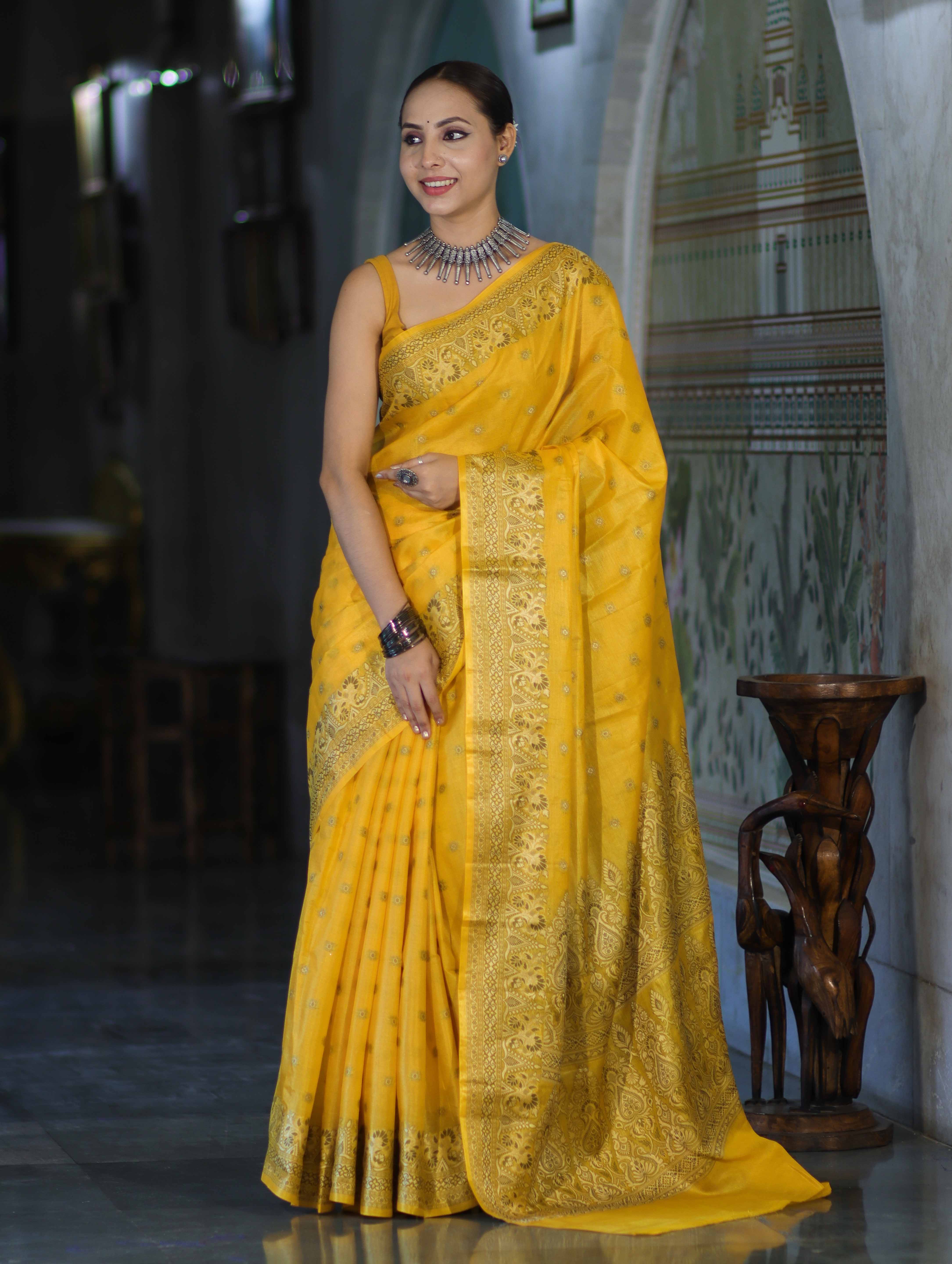 Banarasee Handwoven Pure Tussar Saree With Woven Resham Design-Yellow