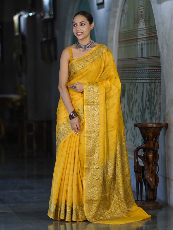 Banarasee Handwoven Pure Tussar Saree With Woven Resham Design-Yellow