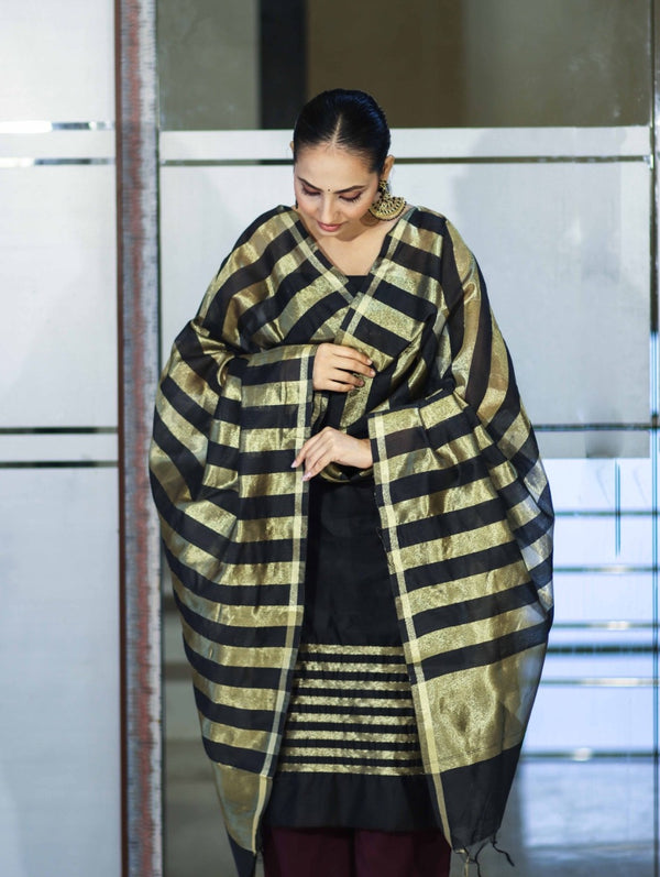 Banarasee  Cotton Silk Stripe Pattern Salwar Kameez Fabric With Dupatta Set-Black