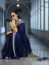 Bhagalpur Handloom Pure Linen Cotton Saree With Resham Embroidered Border-Deep Blue