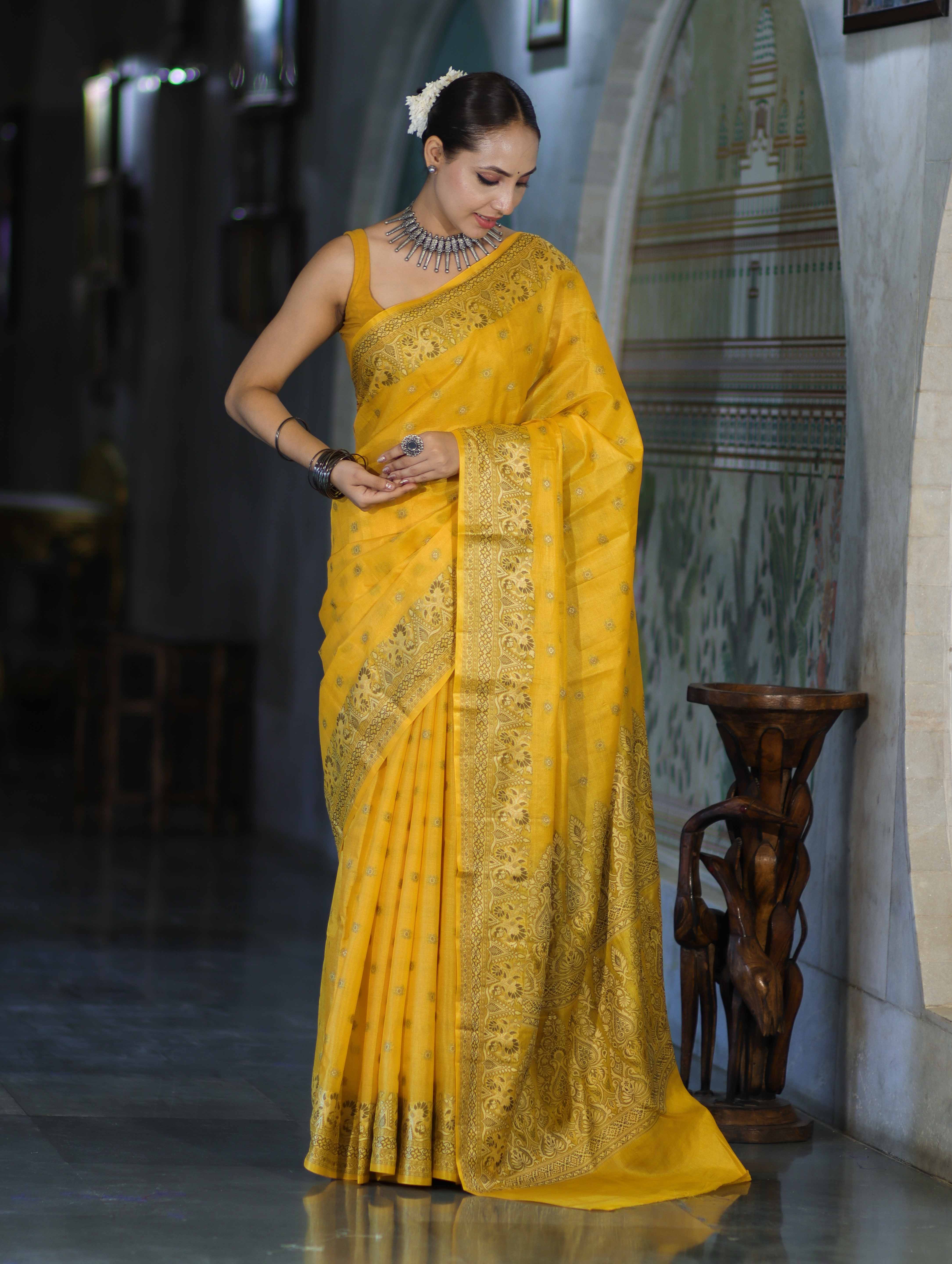 Banarasee Handwoven Pure Tussar Saree With Woven Resham Design-Yellow