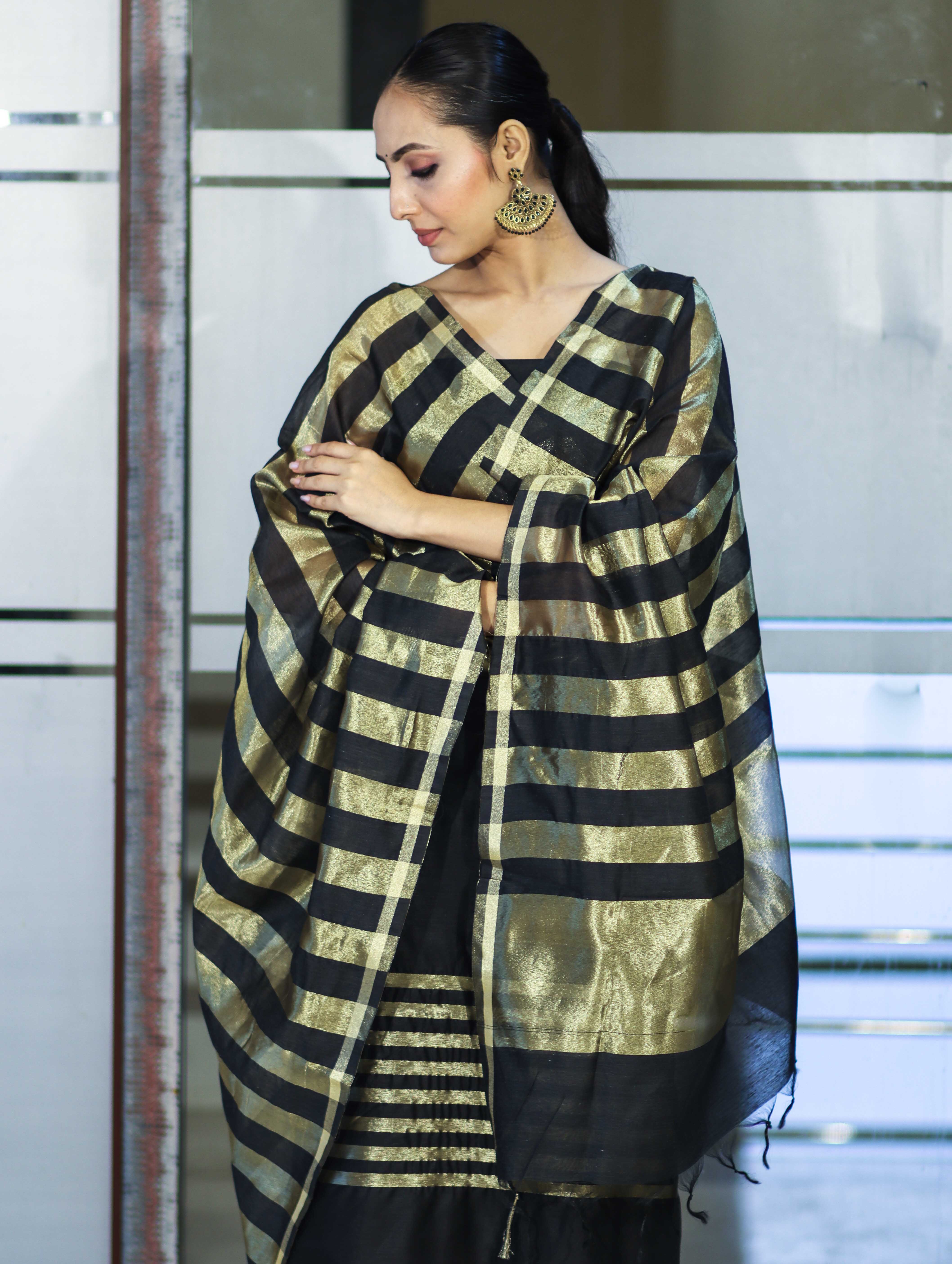 Banarasee  Cotton Silk Stripe Pattern Salwar Kameez Fabric With Dupatta Set-Black