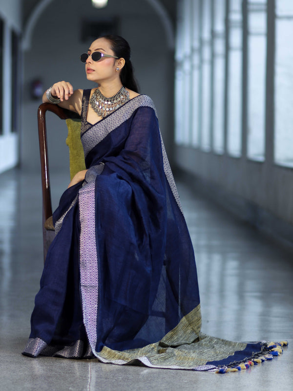 Bhagalpur Handloom Pure Linen Cotton Saree With Resham Embroidered Border-Deep Blue