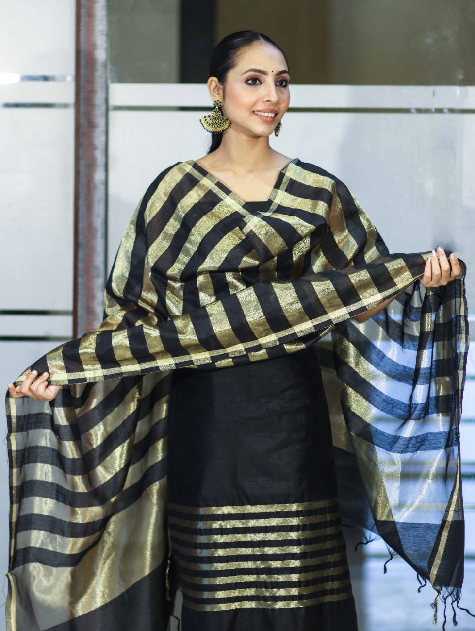 Banarasee  Cotton Silk Stripe Pattern Salwar Kameez Fabric With Dupatta Set-Black