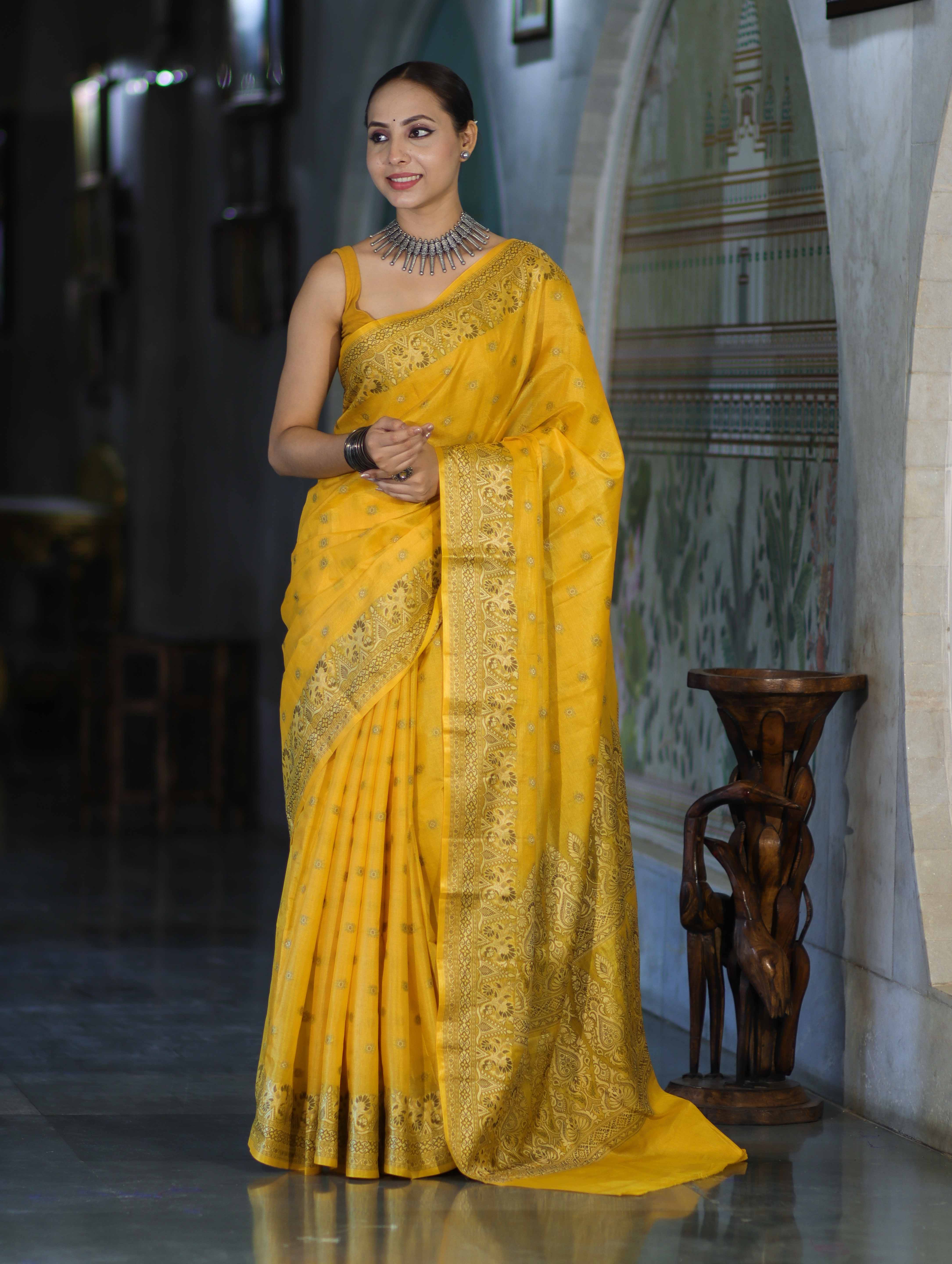 Banarasee Handwoven Pure Tussar Saree With Woven Resham Design-Yellow