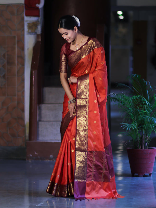 Banarasee Handloom Semi Silk Saree With Buti Design & Contrast Zari Border-Rust & Burgundy