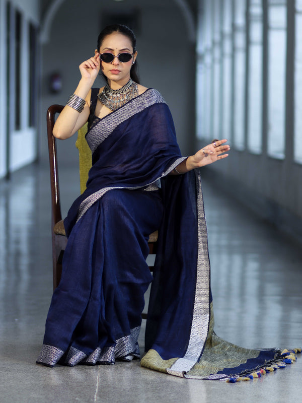 Bhagalpur Handloom Pure Linen Cotton Saree With Resham Embroidered Border-Deep Blue