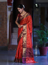 Banarasee Handloom Semi Silk Saree With Buti Design & Contrast Zari Border-Rust & Burgundy