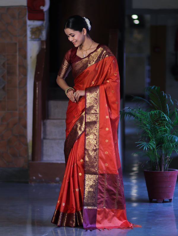 Banarasee Handloom Semi Silk Saree With Buti Design & Contrast Zari Border-Rust & Burgundy