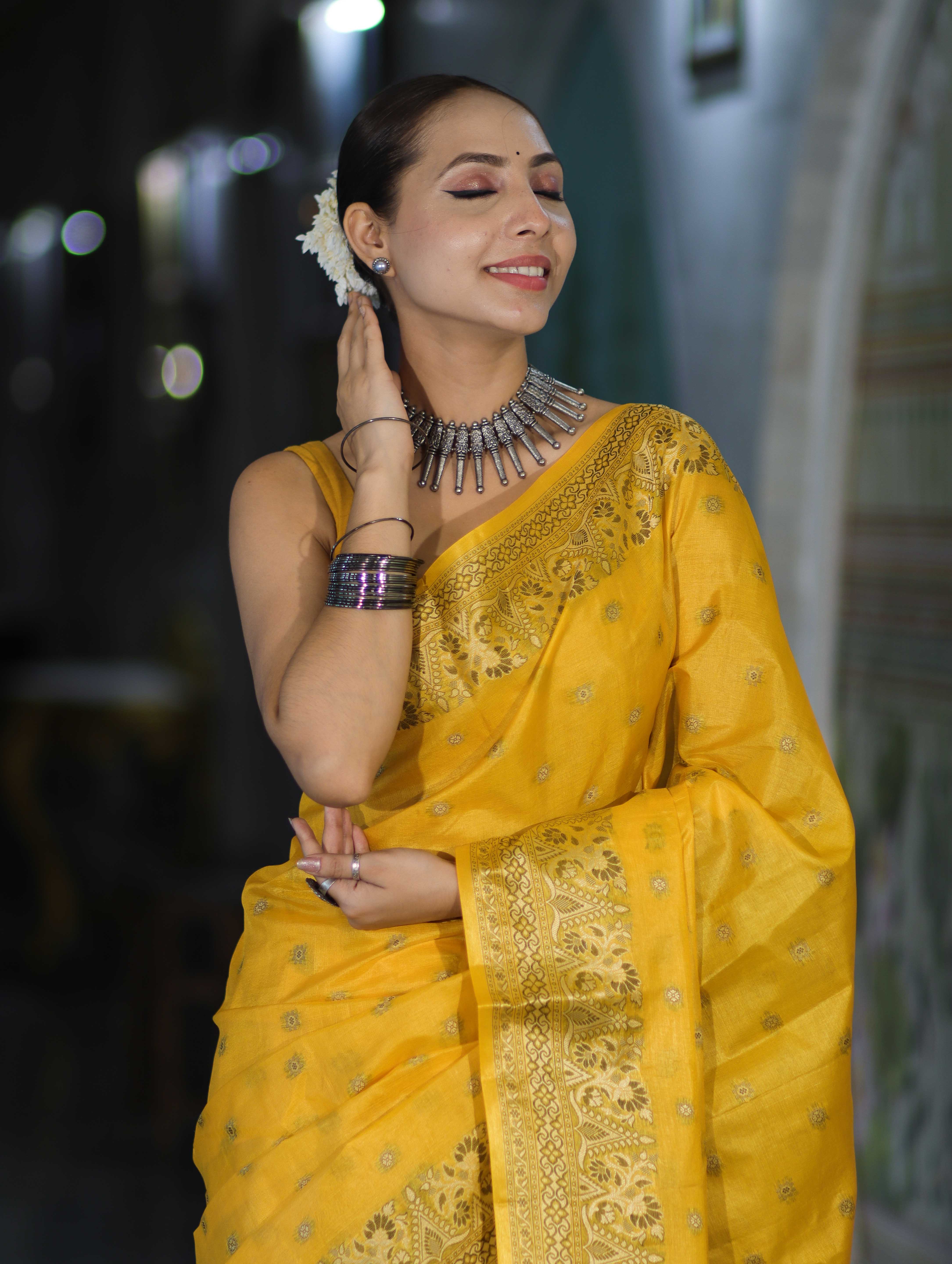Banarasee Handwoven Pure Tussar Saree With Woven Resham Design-Yellow