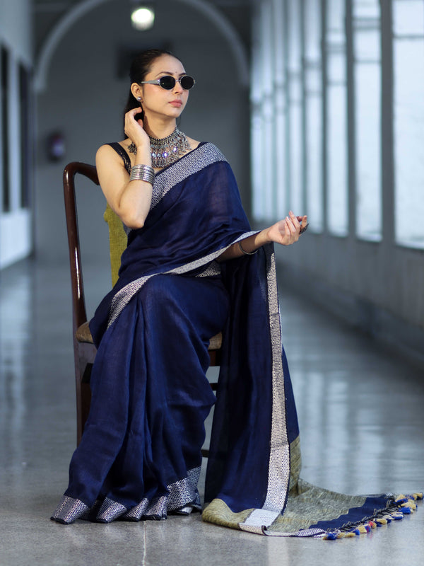 Bhagalpur Handloom Pure Linen Cotton Saree With Resham Embroidered Border-Deep Blue