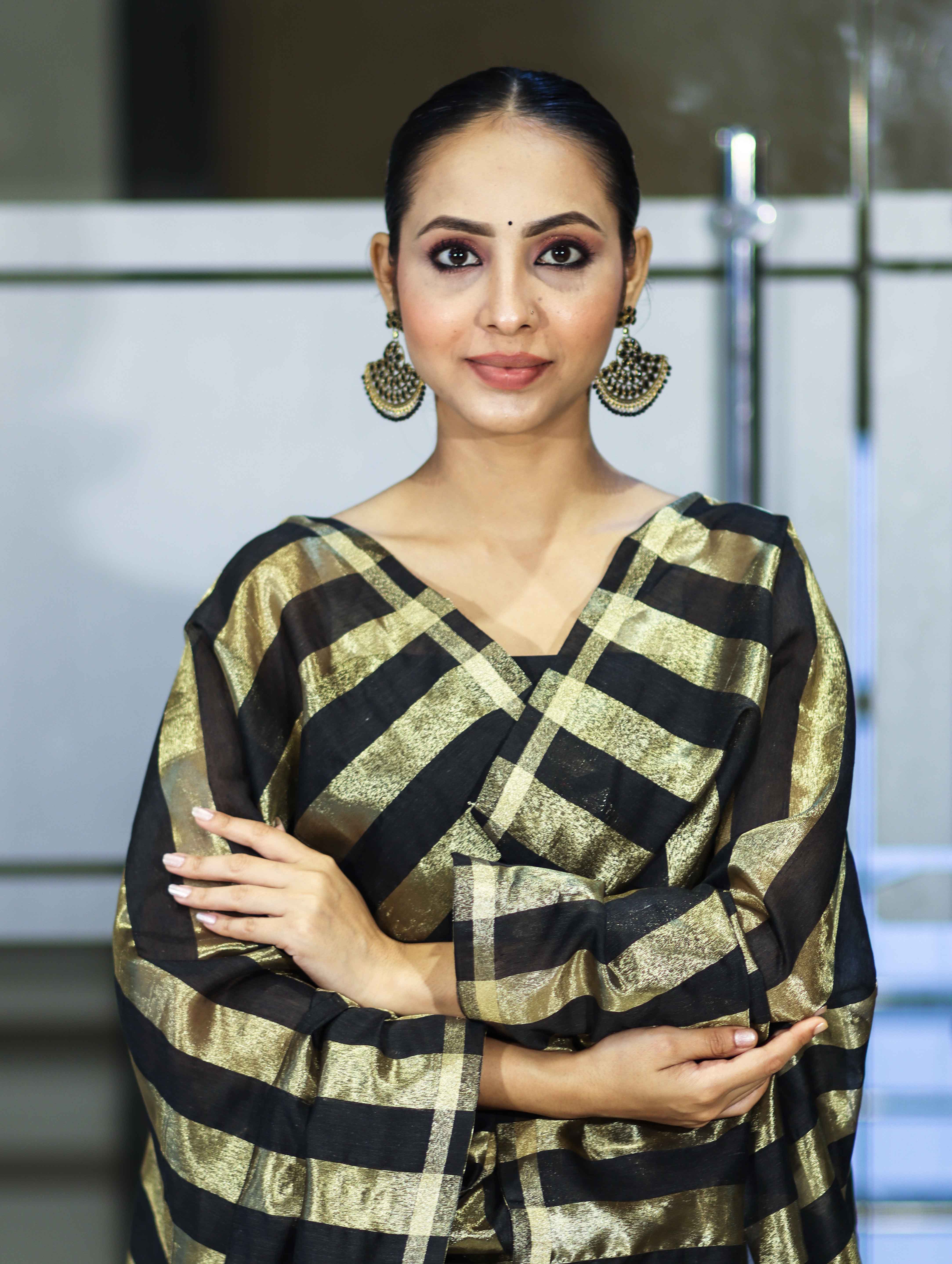 Banarasee  Cotton Silk Stripe Pattern Salwar Kameez Fabric With Dupatta Set-Black