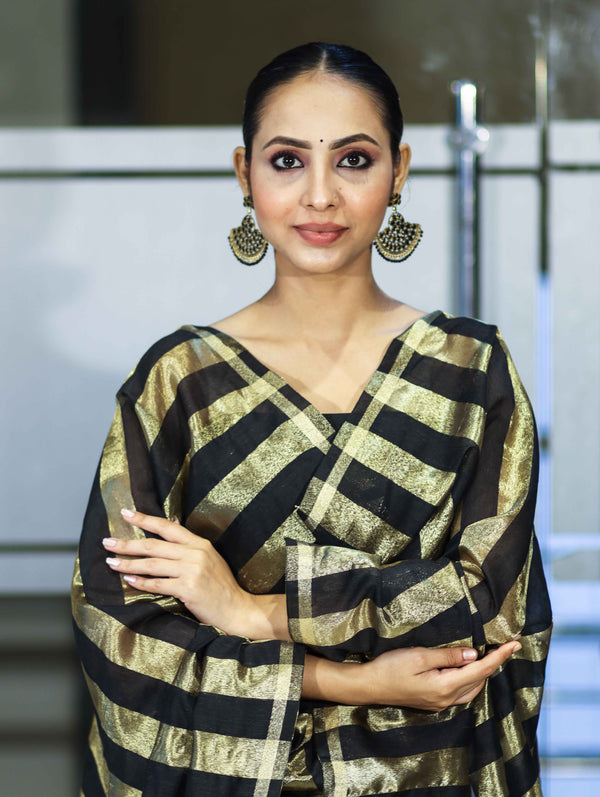 Banarasee  Cotton Silk Stripe Pattern Salwar Kameez Fabric With Dupatta Set-Black