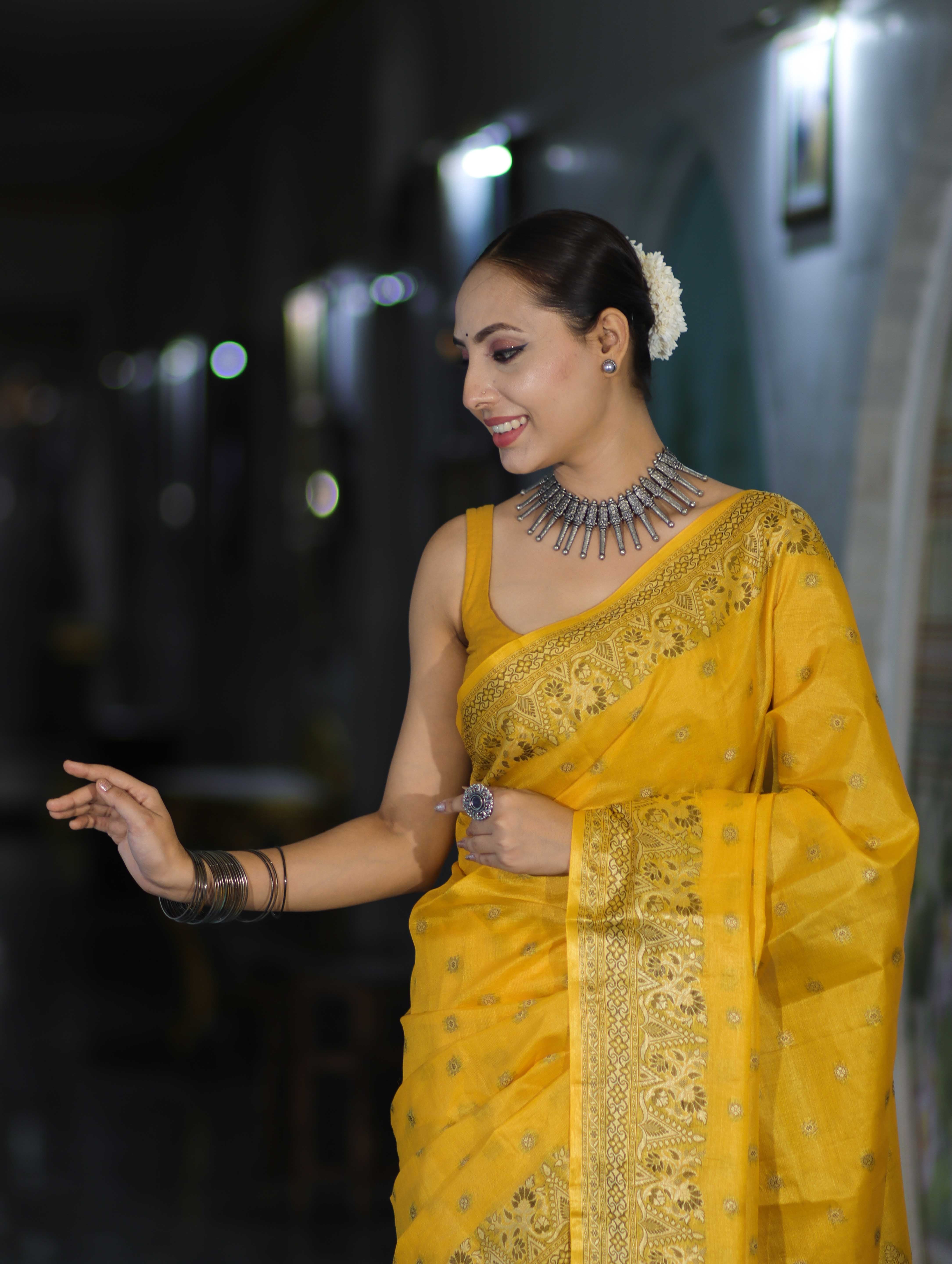 Banarasee Handwoven Pure Tussar Saree With Woven Resham Design-Yellow