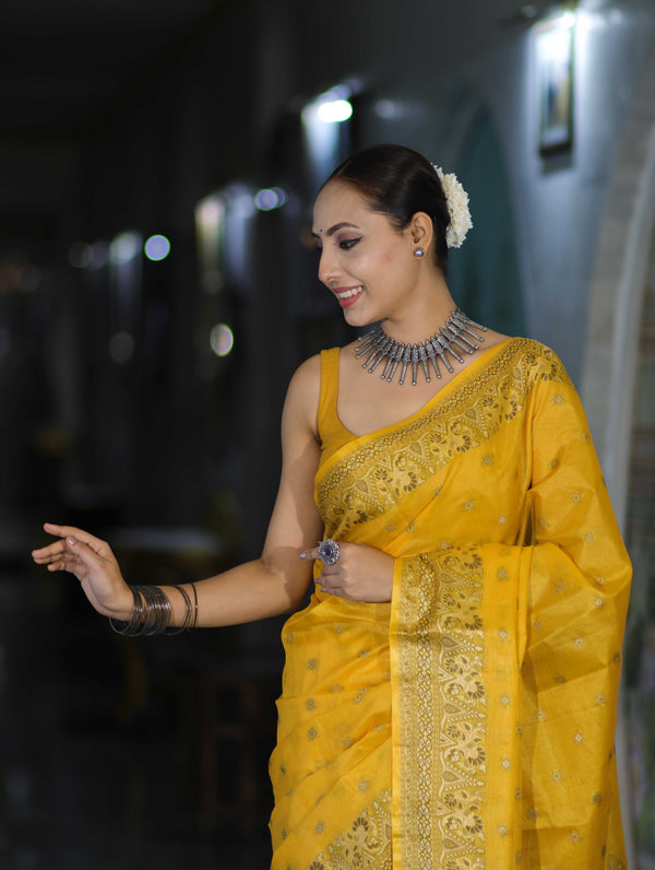 Banarasee Handwoven Pure Tussar Saree With Woven Resham Design-Yellow
