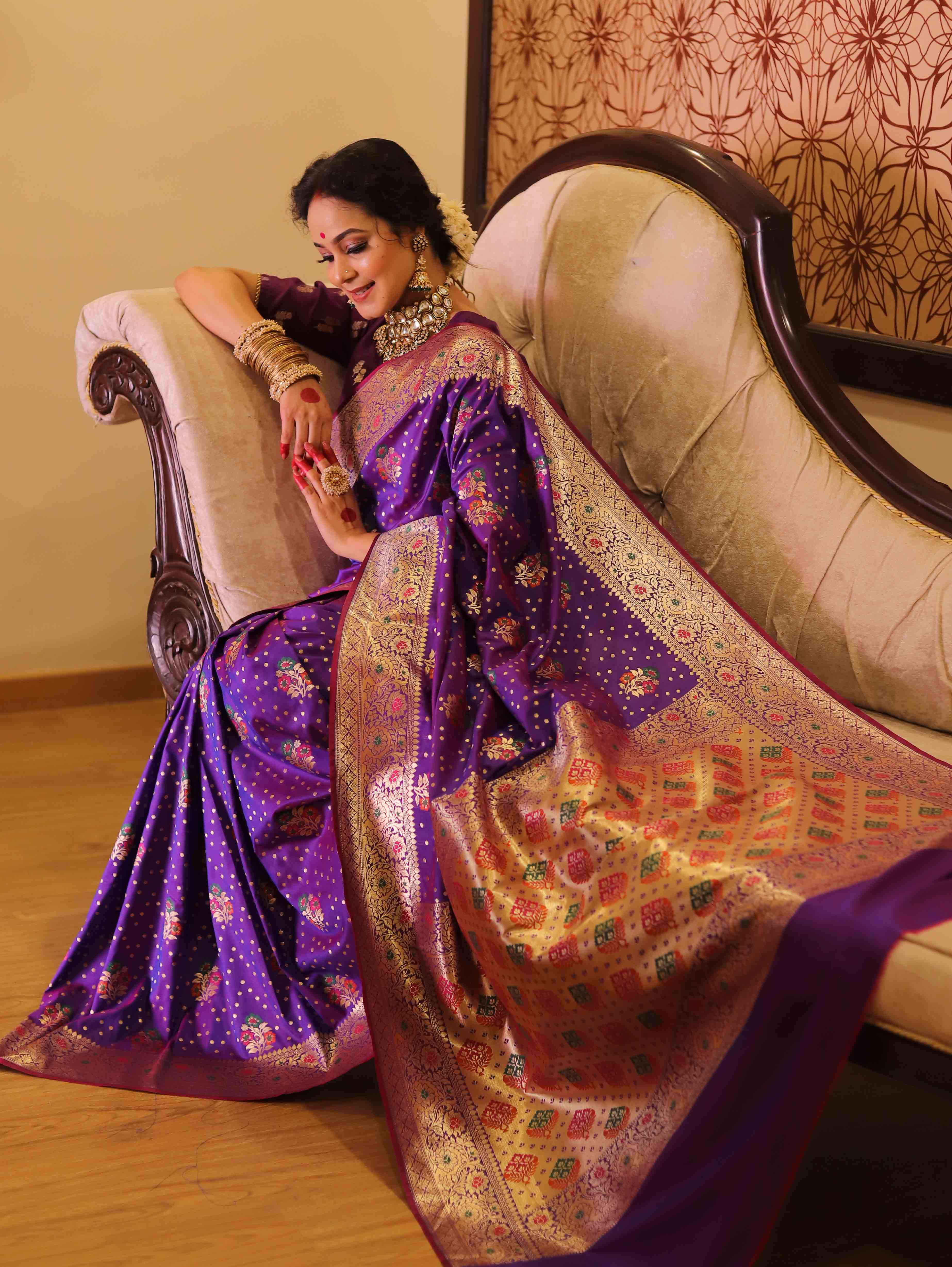 Banarasee Handwoven Semi-Katan Zari & Resham Weaving Floral Border Saree-Violet