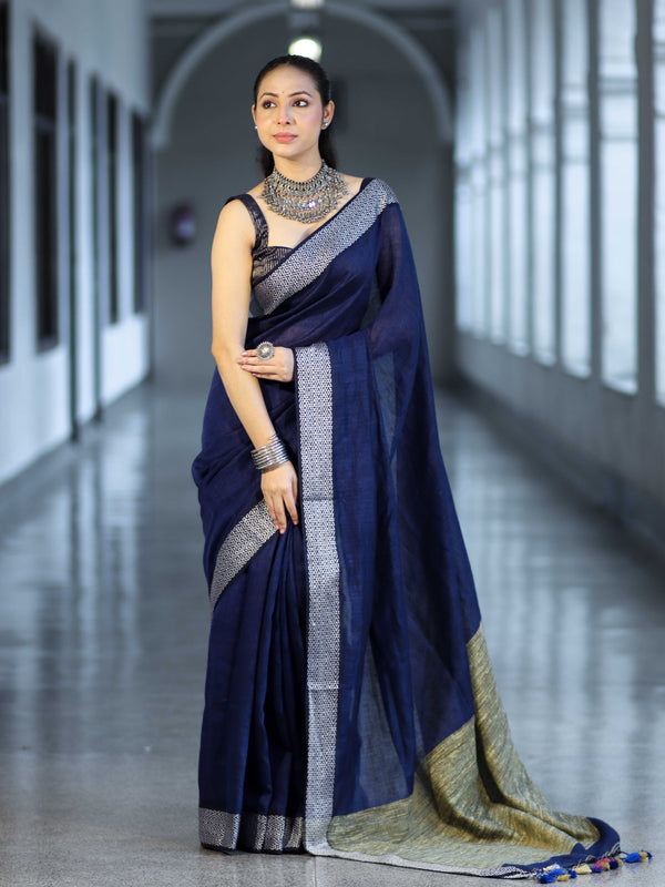 Bhagalpur Handloom Pure Linen Cotton Saree With Resham Embroidered Border-Deep Blue