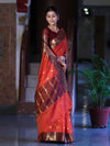 Banarasee Handloom Semi Silk Saree With Buti Design & Contrast Zari Border-Rust & Burgundy