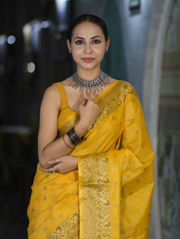 Banarasee Handwoven Pure Tussar Saree With Woven Resham Design-Yellow