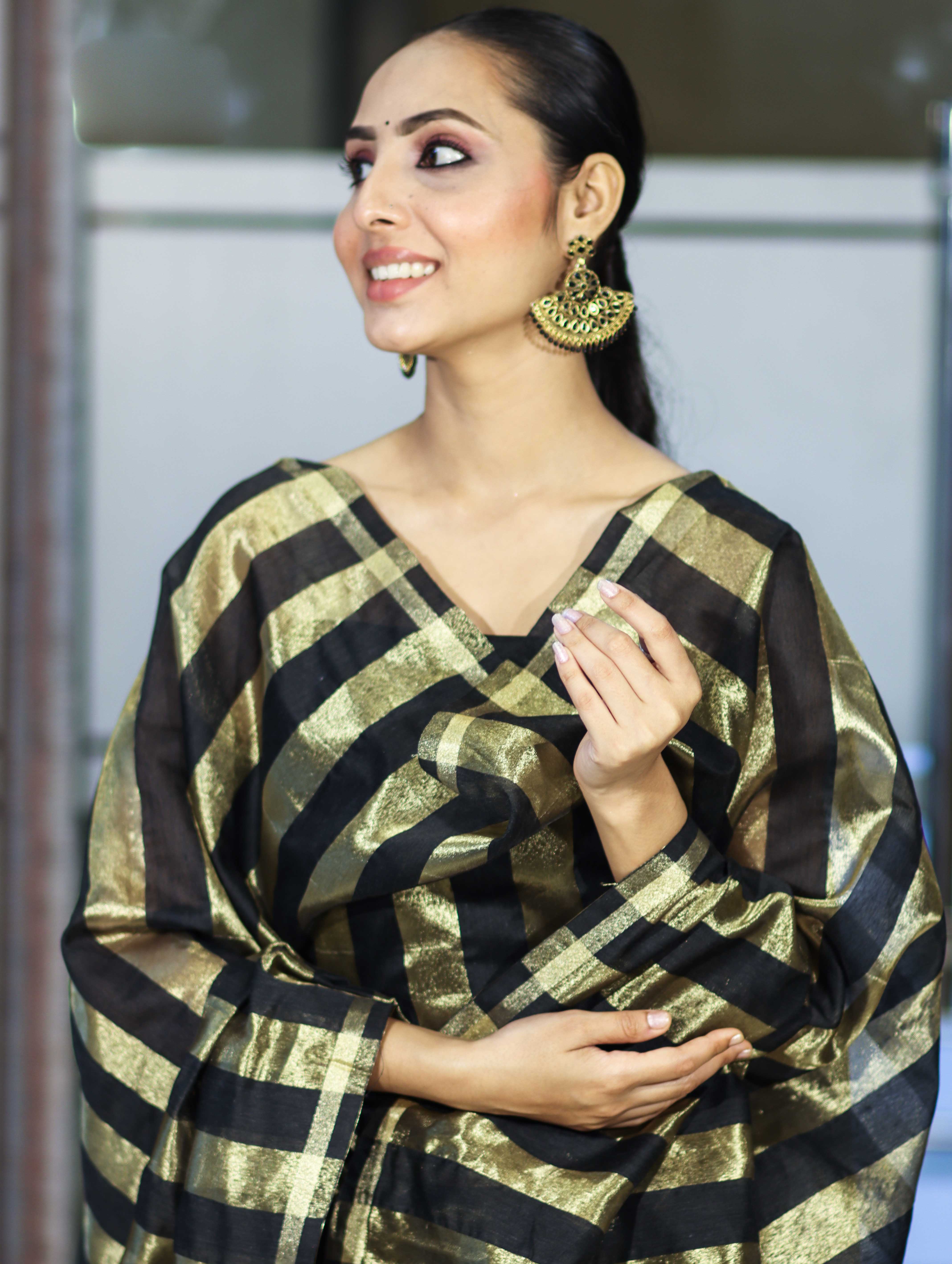 Banarasee  Cotton Silk Stripe Pattern Salwar Kameez Fabric With Dupatta Set-Black