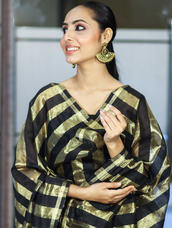 Banarasee  Cotton Silk Stripe Pattern Salwar Kameez Fabric With Dupatta Set-Black
