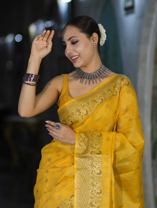 Banarasee Handwoven Pure Tussar Saree With Woven Resham Design-Yellow