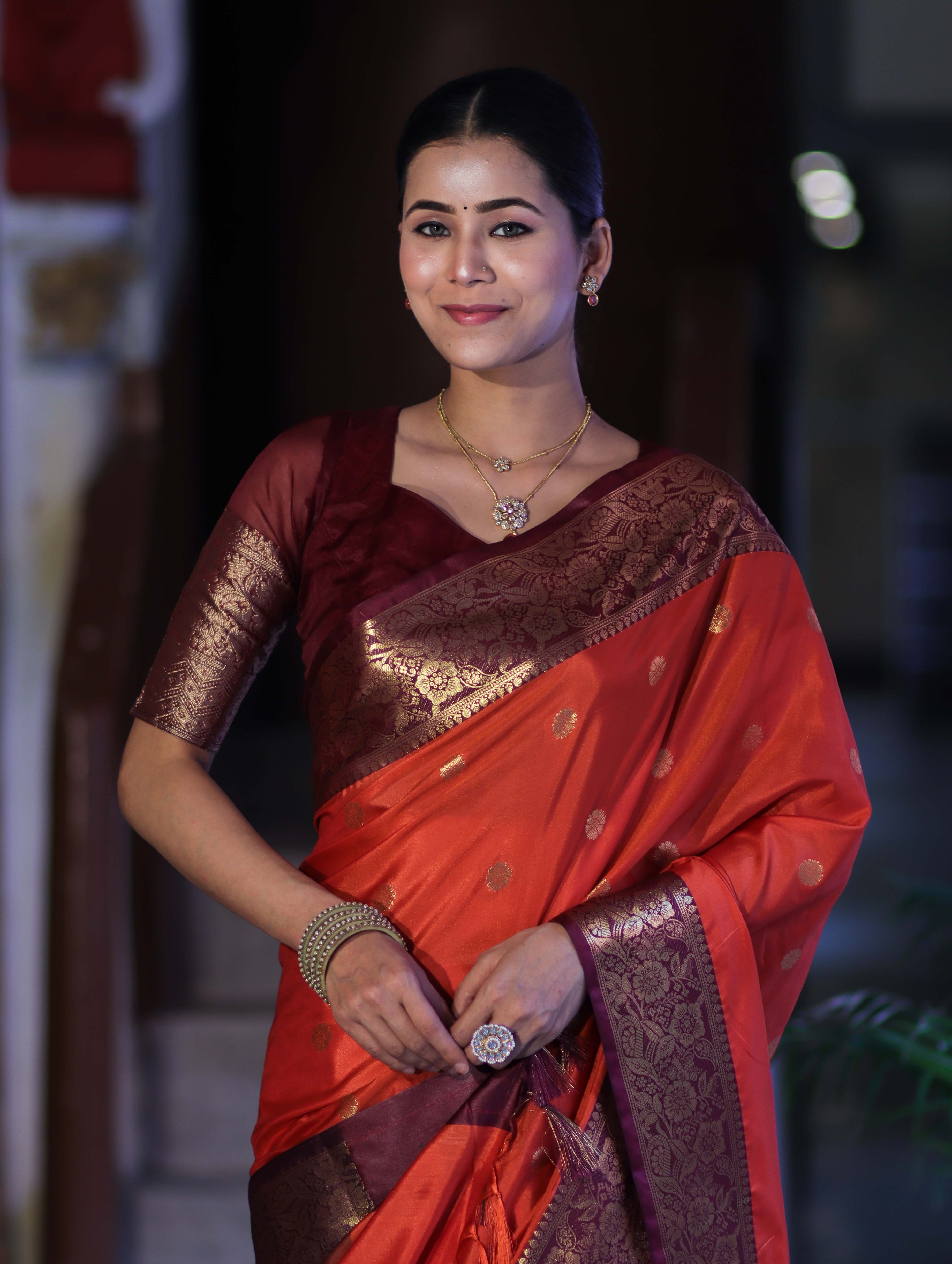 Banarasee Handloom Semi Silk Saree With Buti Design & Contrast Zari Border-Rust & Burgundy