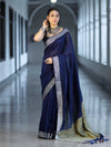 Bhagalpur Handloom Pure Linen Cotton Saree With Resham Embroidered Border-Deep Blue