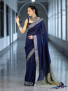 Bhagalpur Handloom Pure Linen Cotton Saree With Resham Embroidered Border-Deep Blue