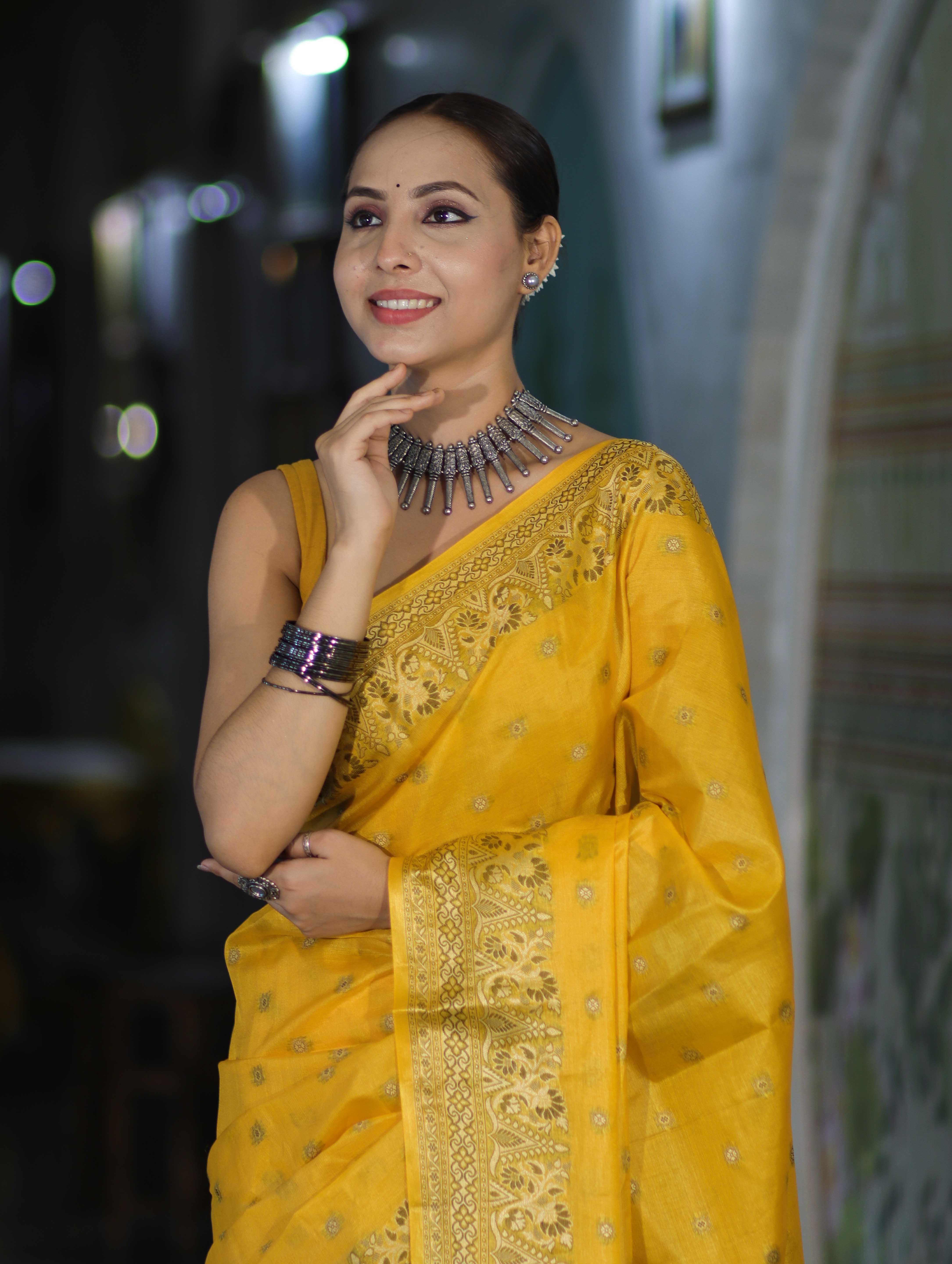 Banarasee Handwoven Pure Tussar Saree With Woven Resham Design-Yellow