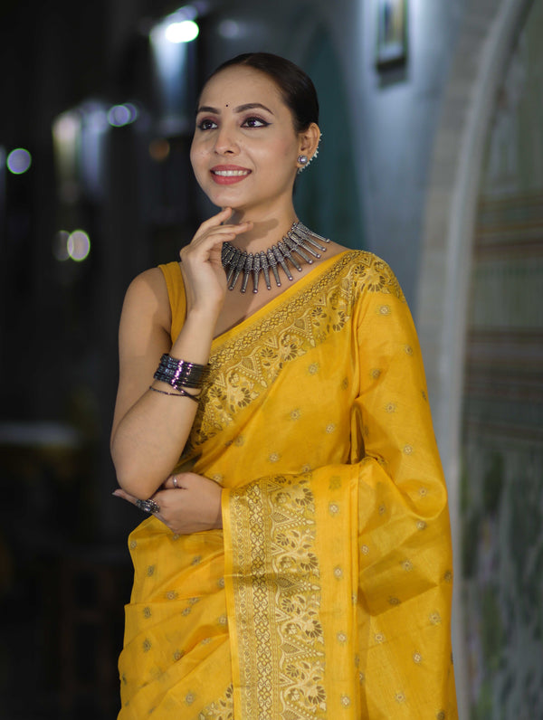 Banarasee Handwoven Pure Tussar Saree With Woven Resham Design-Yellow