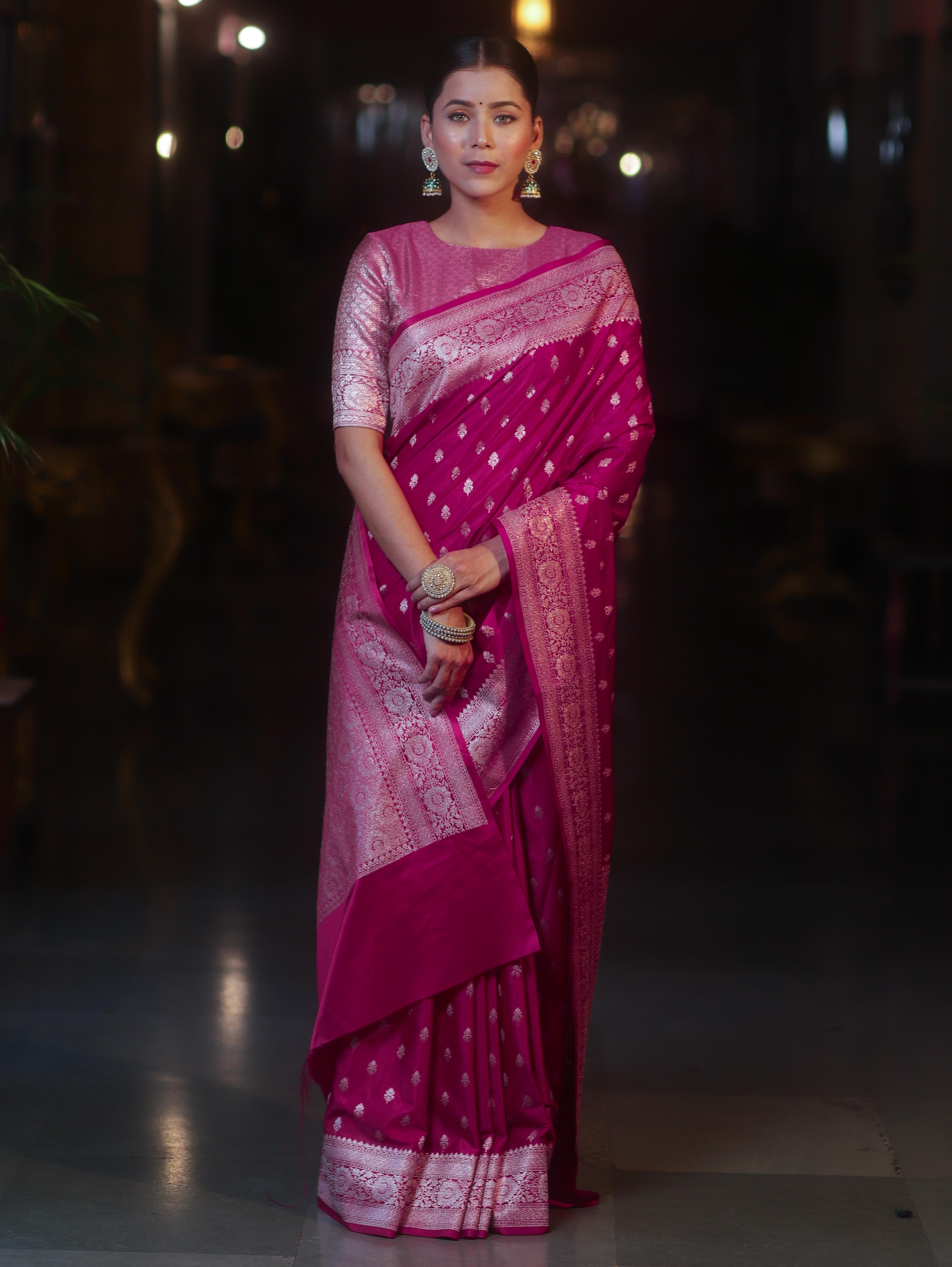 Banarasee Handwoven Semi Katan Saree With Zari Buti Design & Border-Pink