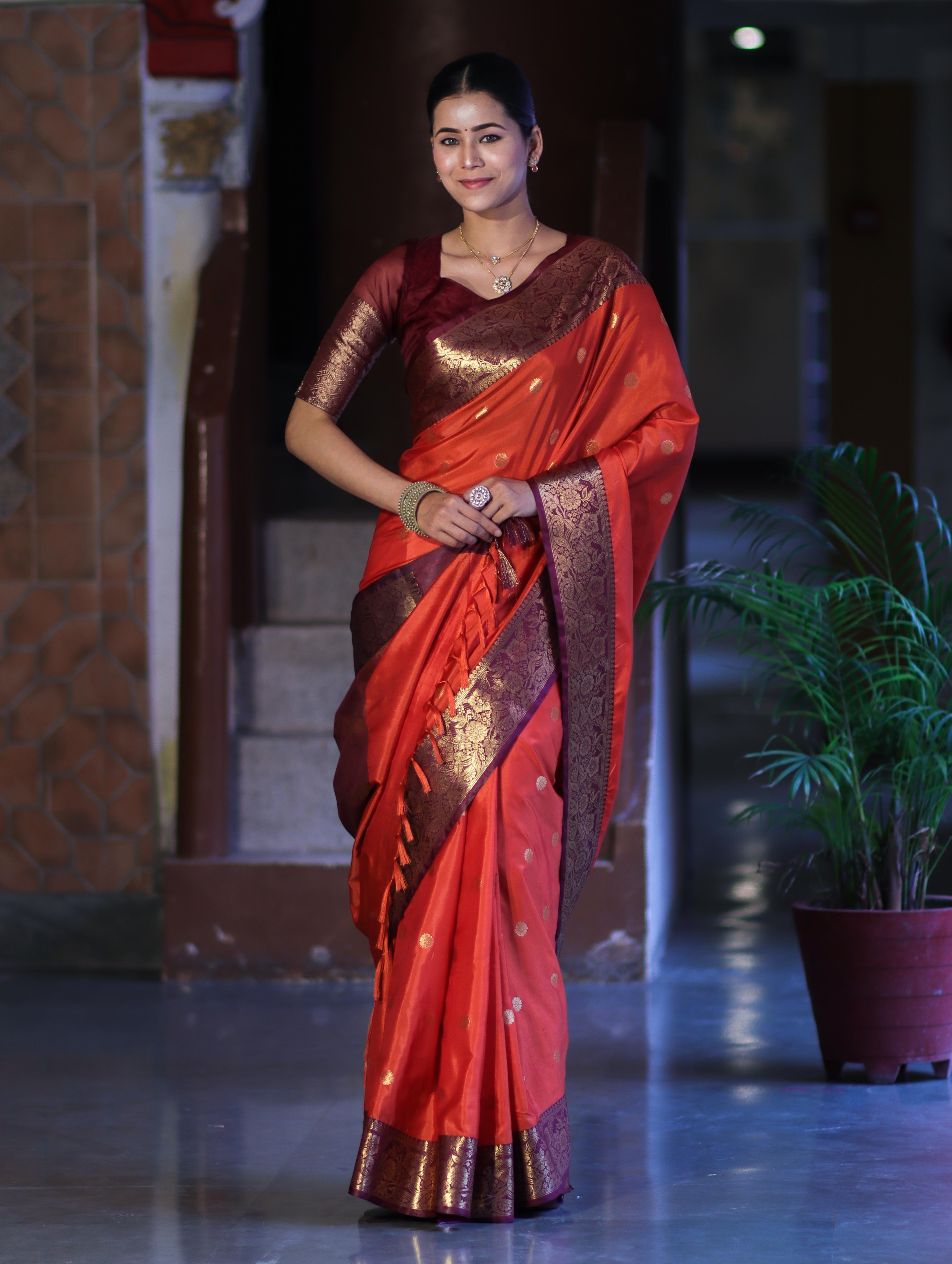 Banarasee Handloom Semi Silk Saree With Buti Design & Contrast Zari Border-Rust & Burgundy