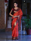 Banarasee Handloom Semi Silk Saree With Buti Design & Contrast Zari Border-Rust & Burgundy