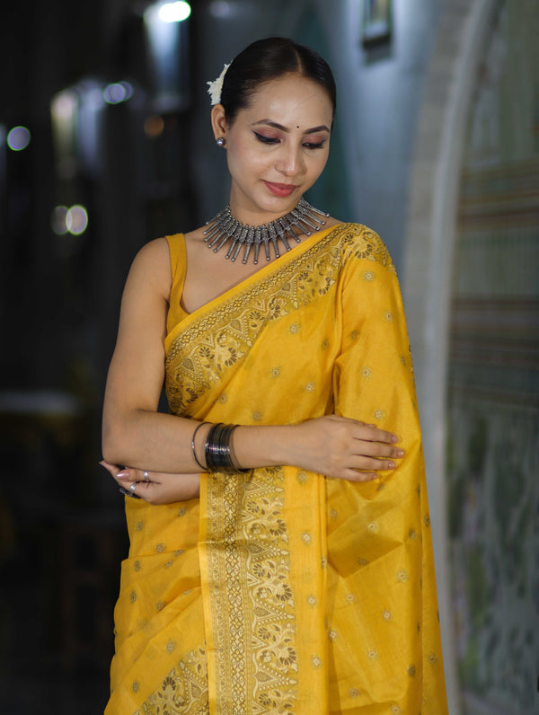Banarasee Handwoven Pure Tussar Saree With Woven Resham Design-Yellow