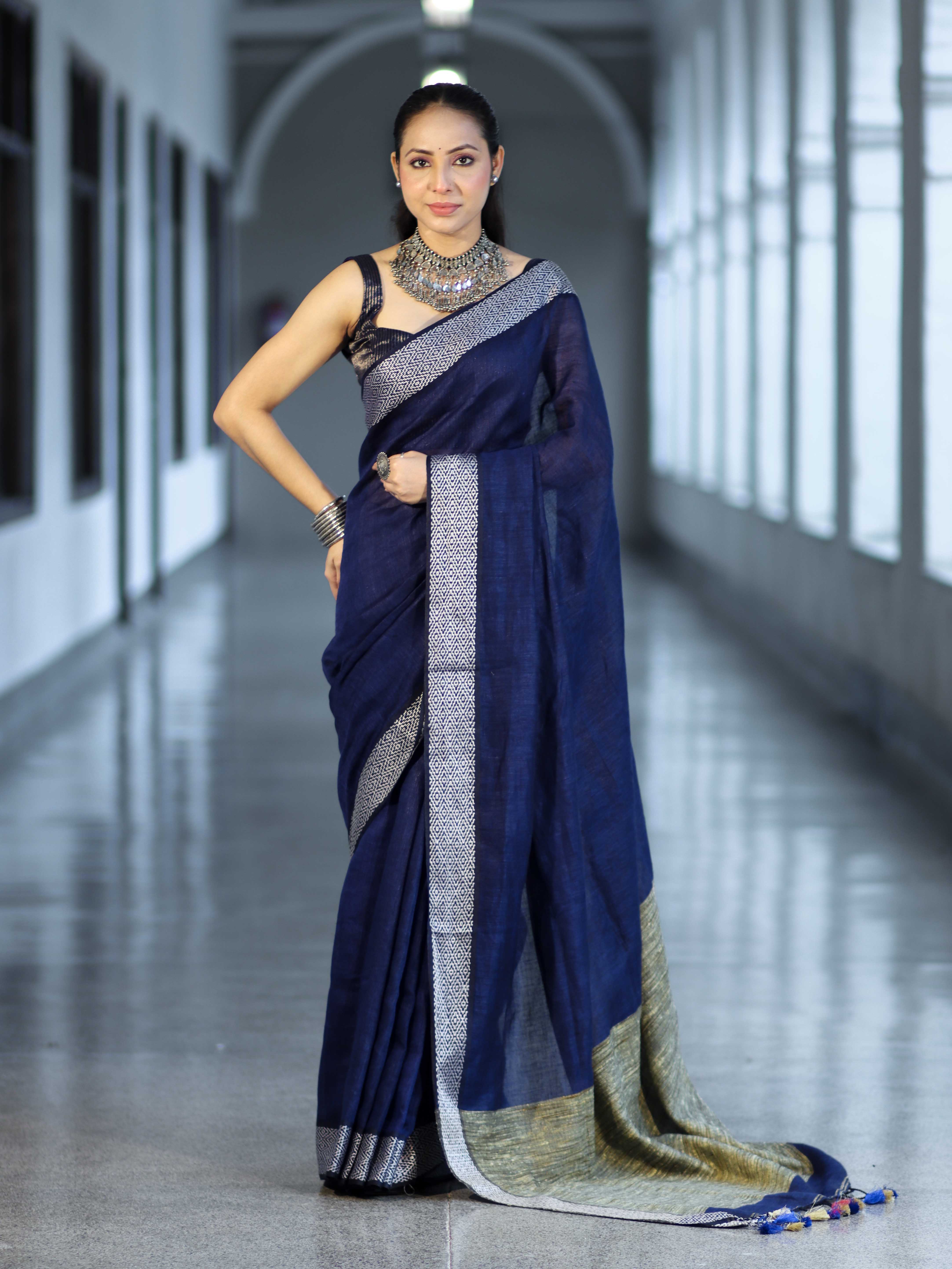 Bhagalpur Handloom Pure Linen Cotton Saree With Resham Embroidered Border-Deep Blue