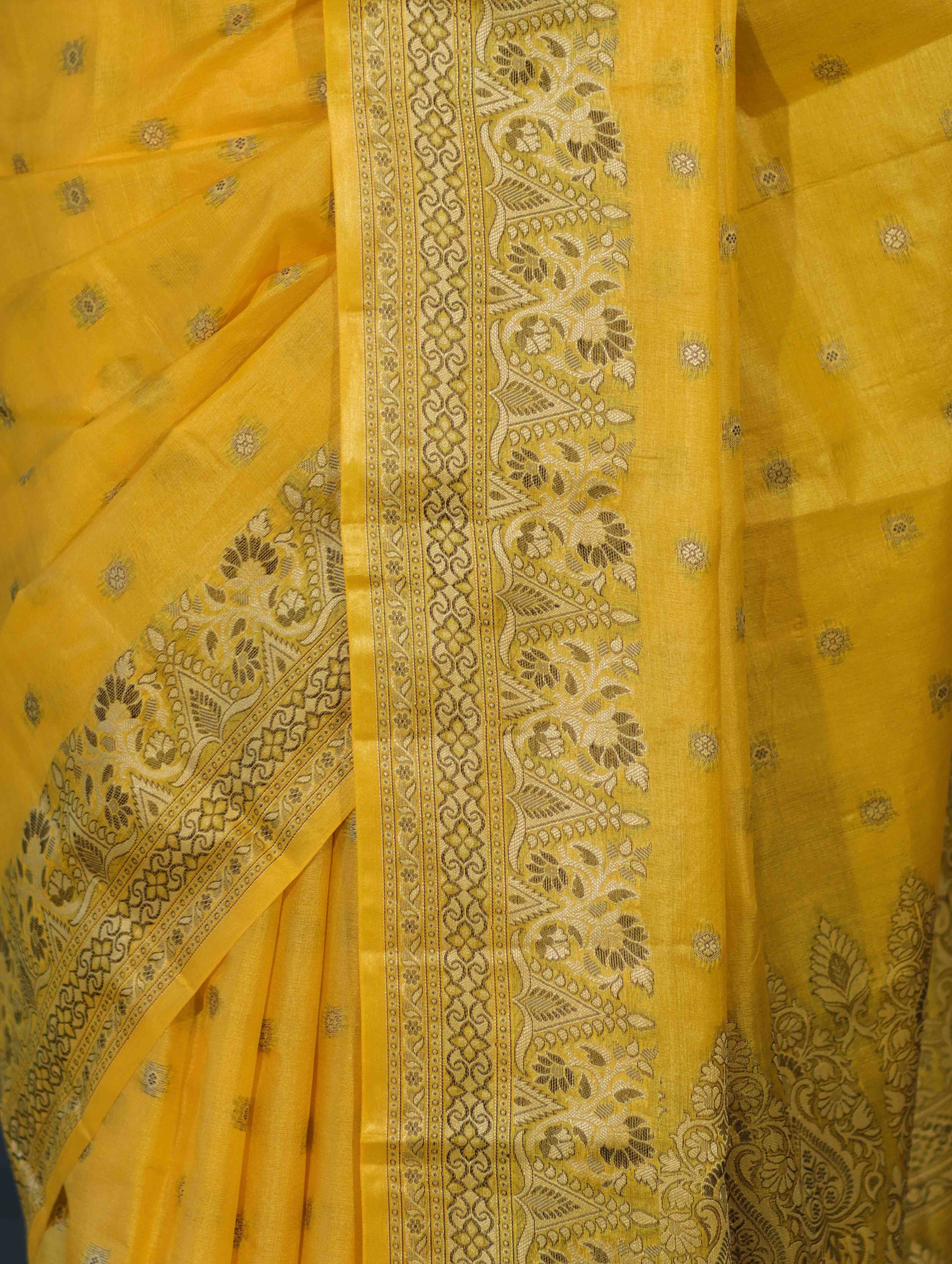 Banarasee Handwoven Pure Tussar Saree With Woven Resham Design-Yellow