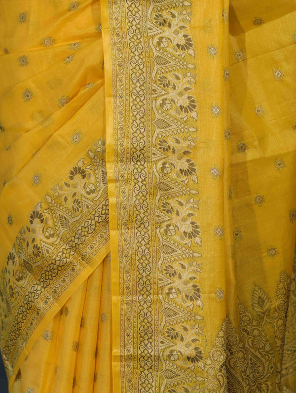 Banarasee Handwoven Pure Tussar Saree With Woven Resham Design-Yellow