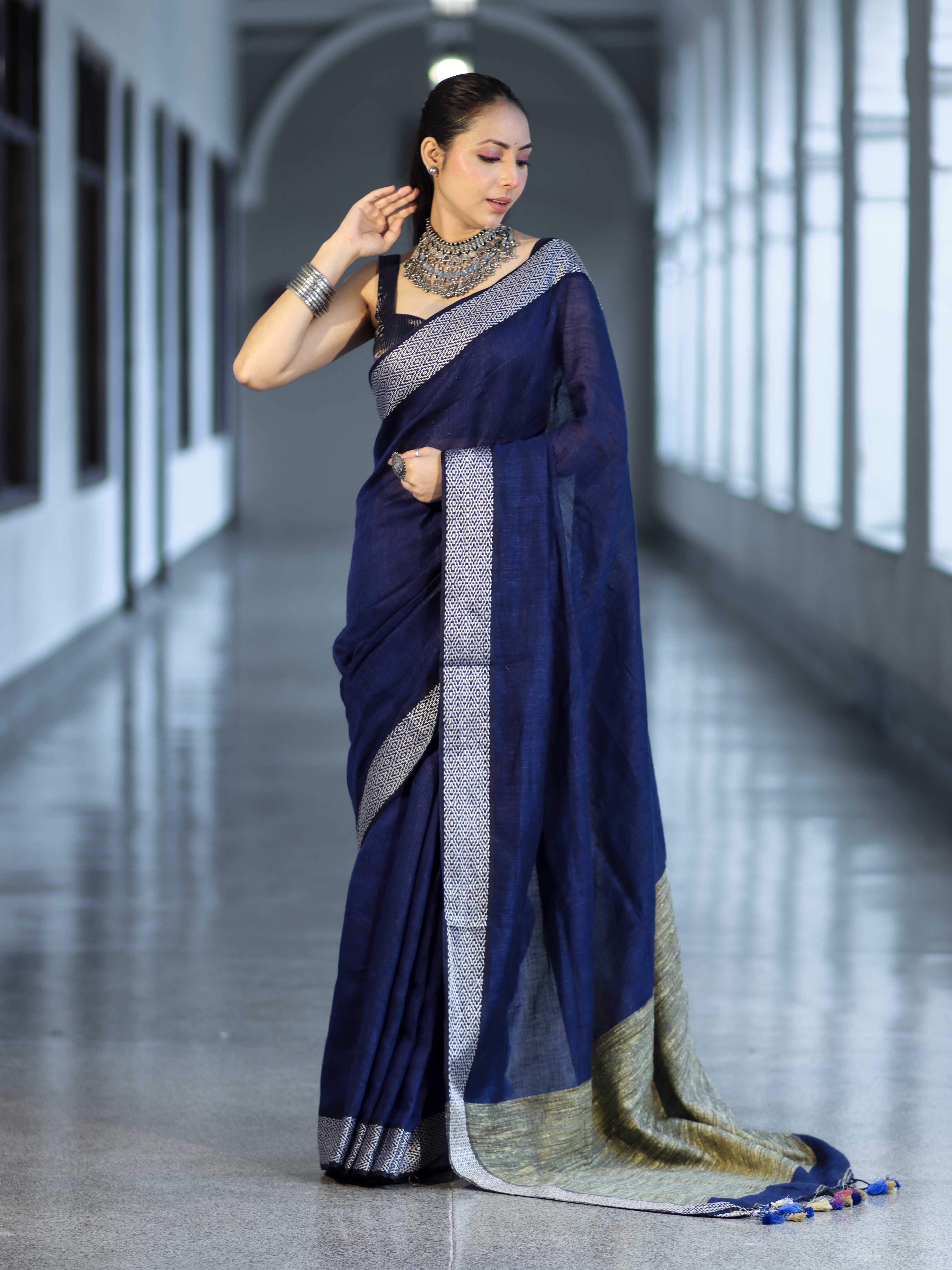 Bhagalpur Handloom Pure Linen Cotton Saree With Resham Embroidered Border-Deep Blue
