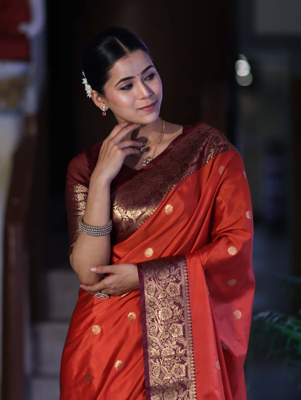 Banarasee Handloom Semi Silk Saree With Buti Design & Contrast Zari Border-Rust & Burgundy