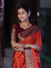 Banarasee Handloom Semi Silk Saree With Buti Design & Contrast Zari Border-Rust & Burgundy