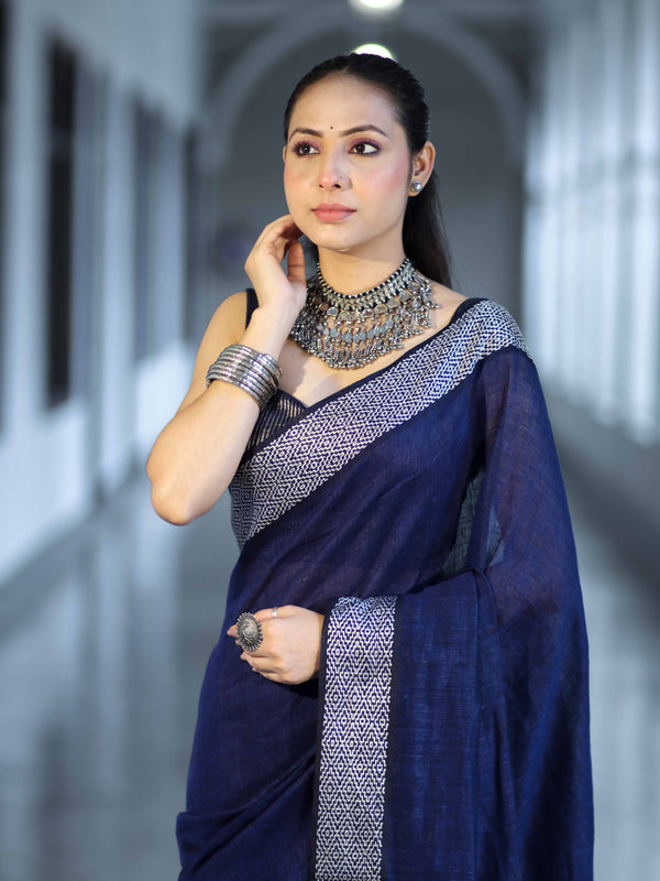 Bhagalpur Handloom Pure Linen Cotton Saree With Resham Embroidered Border-Deep Blue