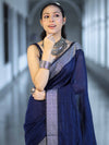 Bhagalpur Handloom Pure Linen Cotton Saree With Resham Embroidered Border-Deep Blue